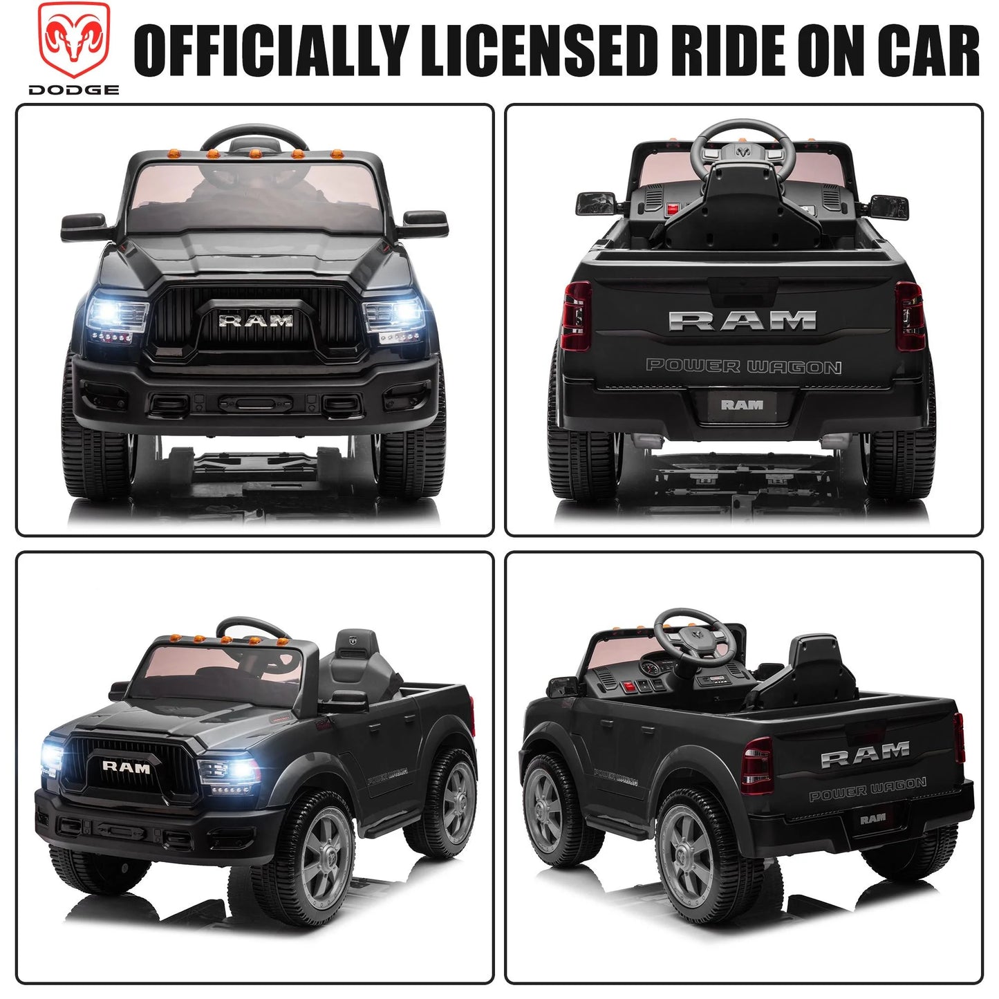 Dodge RAM 2500 Ride on Car for Kids, 12V Powered Ride on Toy with Remote Control, Rear Wheel Suspension, 5 Point Safety Harness, Bluetooth, LED Lights, Electric Vehicles for 3-6 Year Boys Girls, Blue