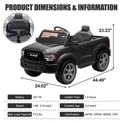 Dodge RAM 2500 Ride on Car for Kids, 12V Powered Ride on Toy with Remote Control, Rear Wheel Suspension, 5 Point Safety Harness, Bluetooth, LED Lights, Electric Vehicles for 3-6 Year Boys Girls, Blue