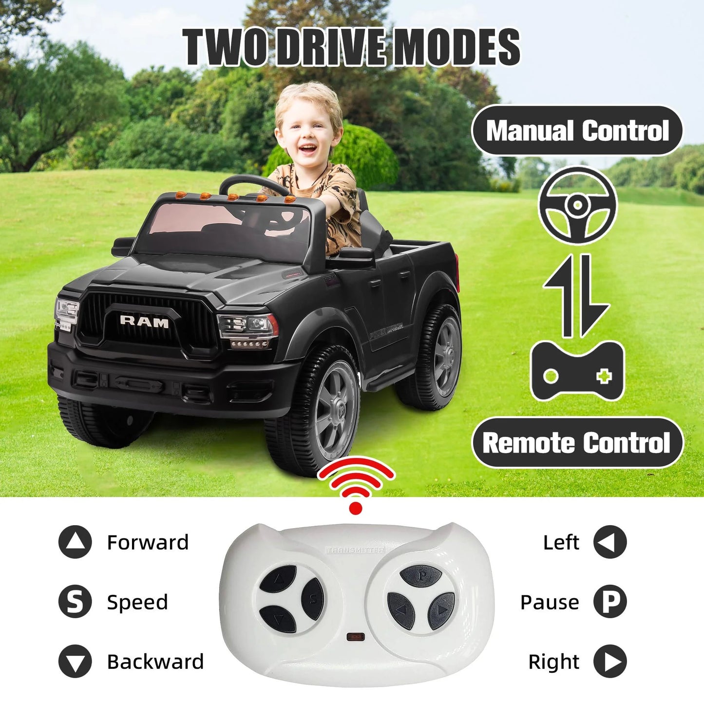 Dodge RAM 2500 Ride on Car for Kids, 12V Powered Ride on Toy with Remote Control, Rear Wheel Suspension, 5 Point Safety Harness, Bluetooth, LED Lights, Electric Vehicles for 3-6 Year Boys Girls, Blue