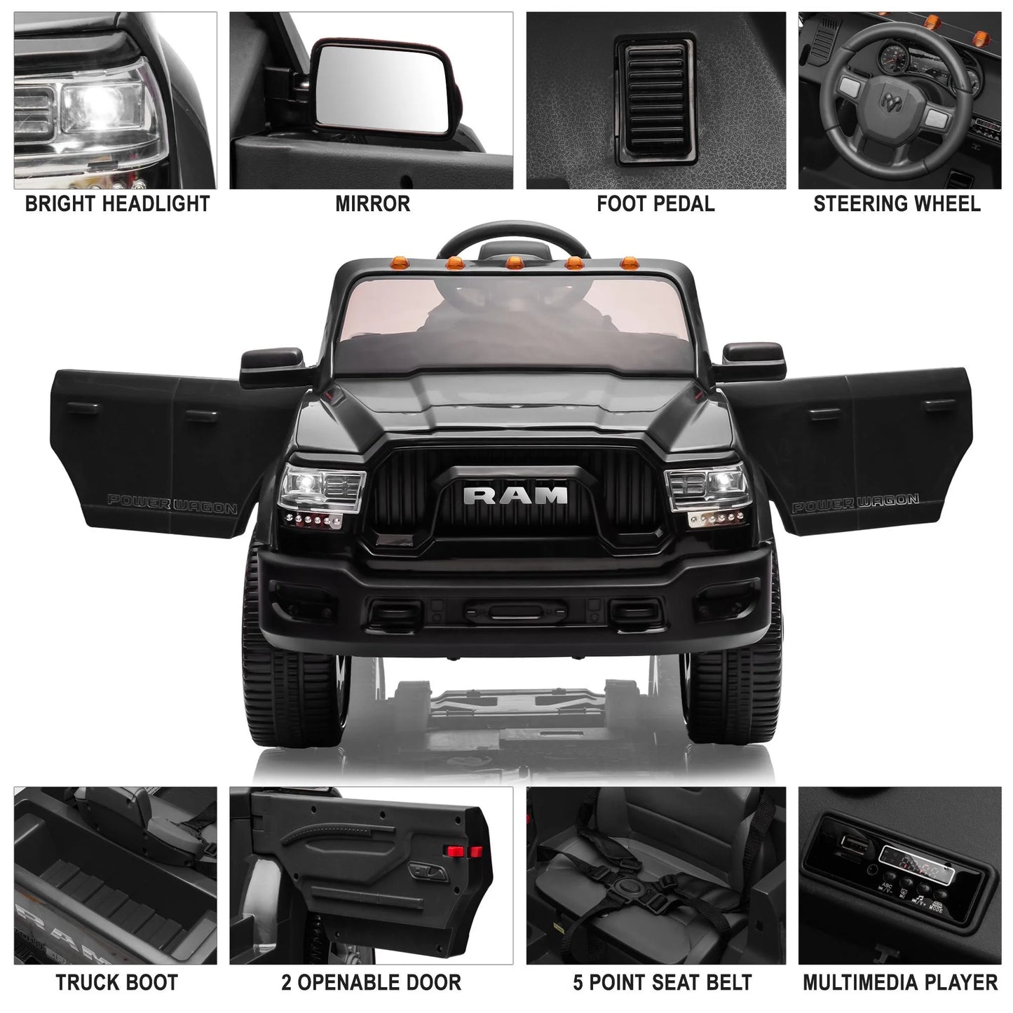 Dodge RAM 2500 Ride on Car for Kids, 12V Powered Ride on Toy with Remote Control, Rear Wheel Suspension, 5 Point Safety Harness, Bluetooth, LED Lights, Electric Vehicles for 3-6 Year Boys Girls, Blue