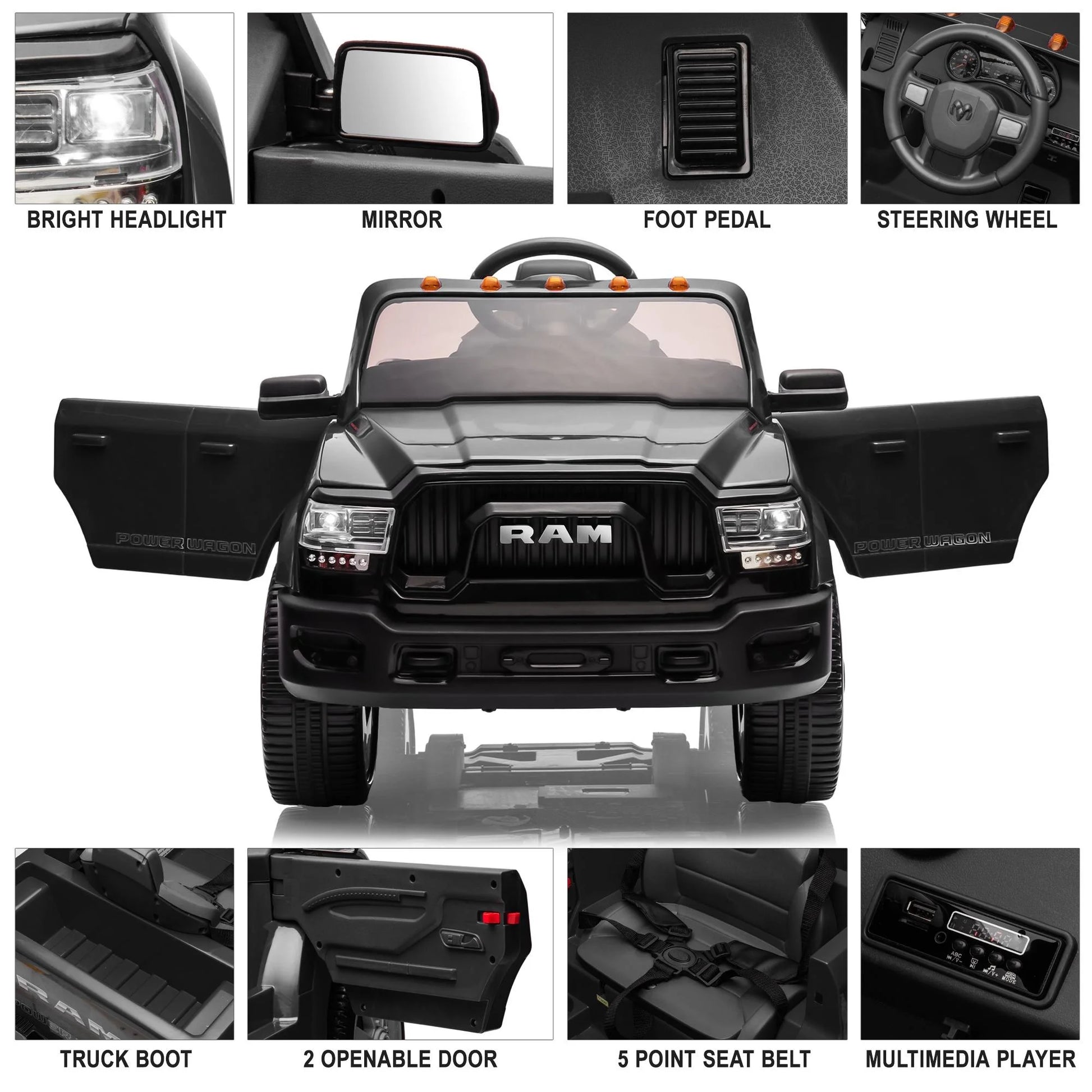 Dodge RAM 2500 Ride on Car for Kids, 12V Powered Ride on Toy with Remote Control, Rear Wheel Suspension, 5 Point Safety Harness, Bluetooth, LED Lights, Electric Vehicles for 3-6 Year Boys Girls, Blue
