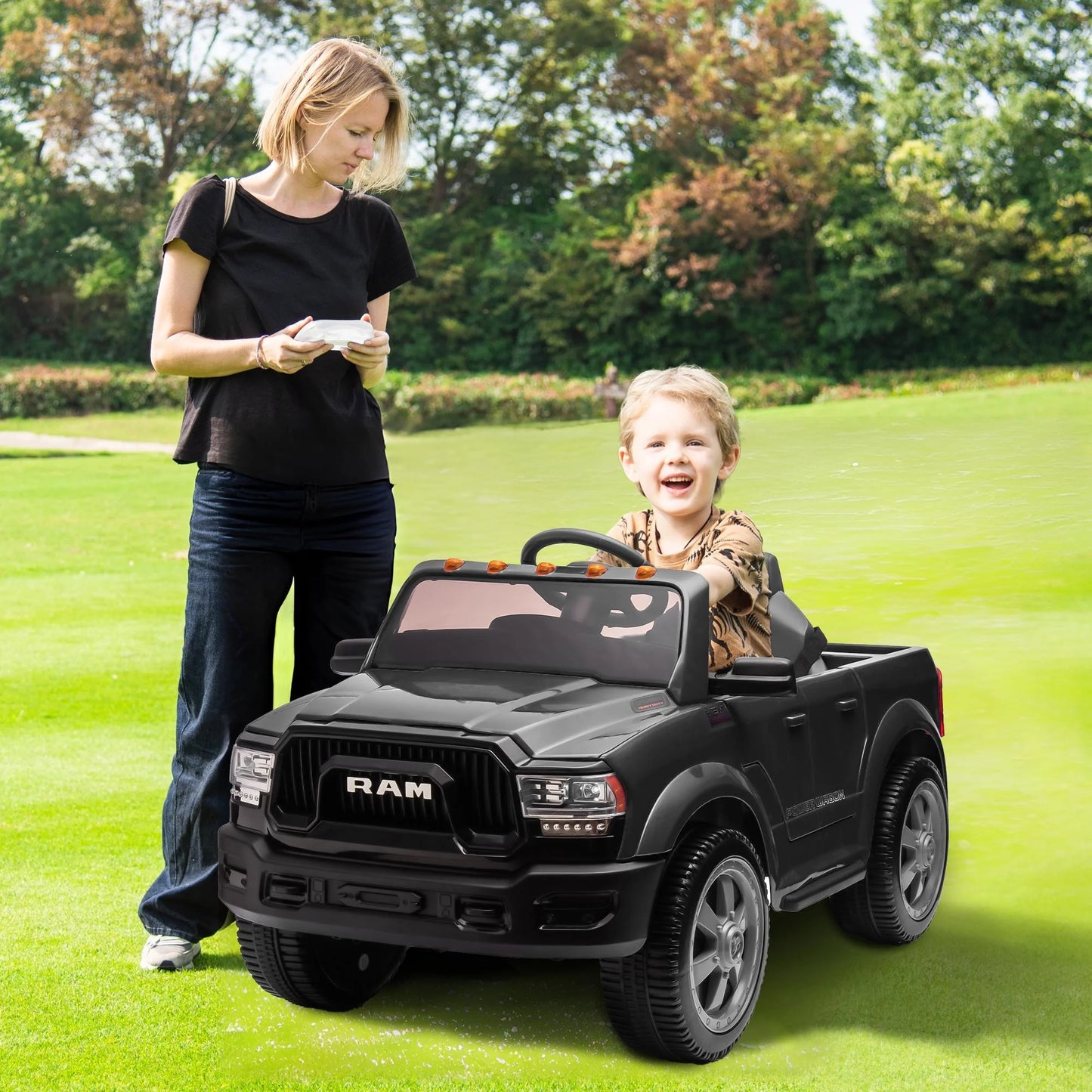Dodge RAM 2500 Ride on Car for Kids, 12V Powered Ride on Toy with Remote Control, Rear Wheel Suspension, 5 Point Safety Harness, Bluetooth, LED Lights, Electric Vehicles for 3-6 Year Boys Girls, Blue
