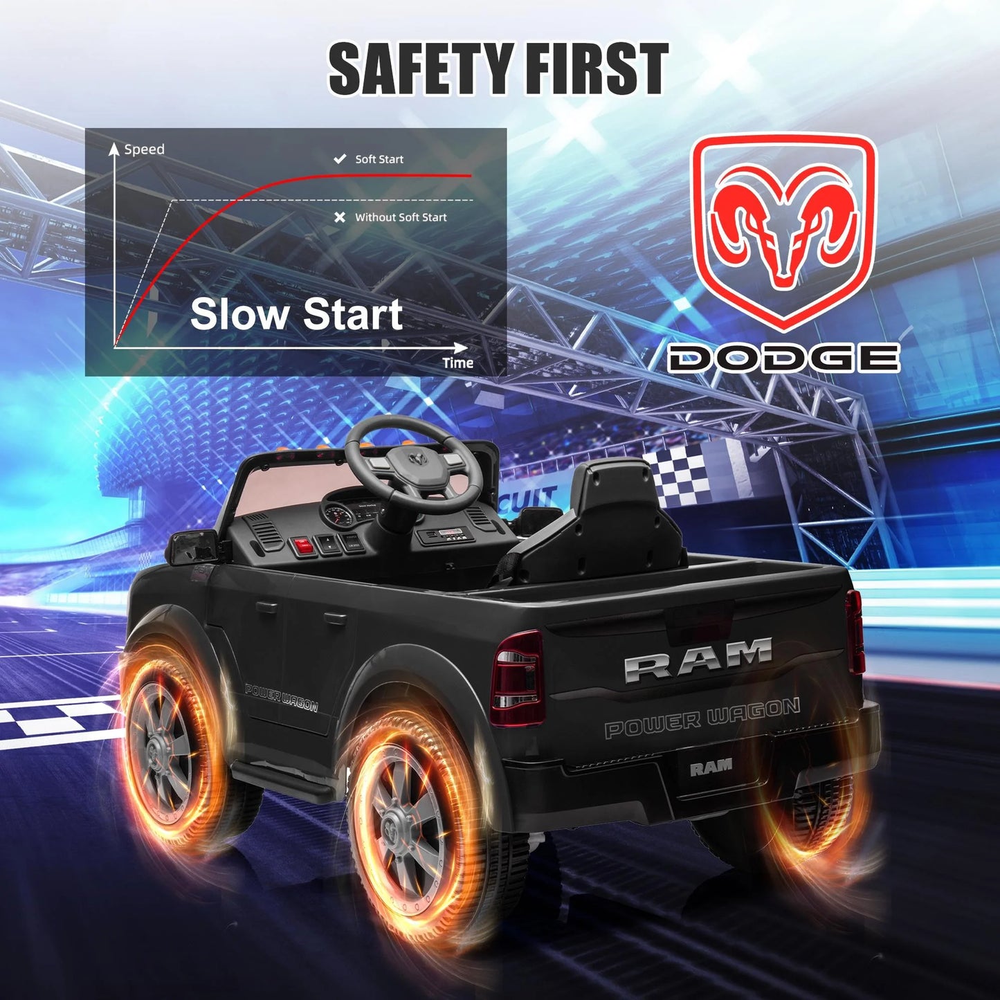 Dodge RAM 2500 Ride on Car for Kids, 12V Powered Ride on Toy with Remote Control, Rear Wheel Suspension, 5 Point Safety Harness, Bluetooth, LED Lights, Electric Vehicles for 3-6 Year Boys Girls, Blue