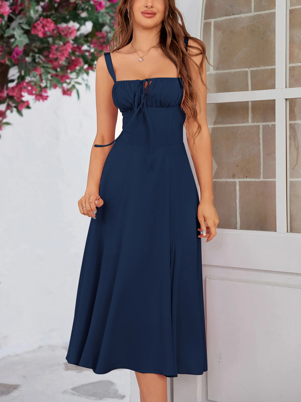 Y2K Flair™ Women'S Midi Dress – Solid Ruched Corset Waist, Square Neck Cami